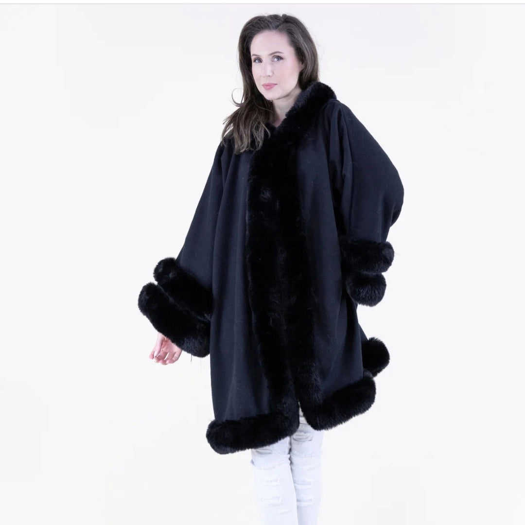 Faux Fur Hooded Coat Black