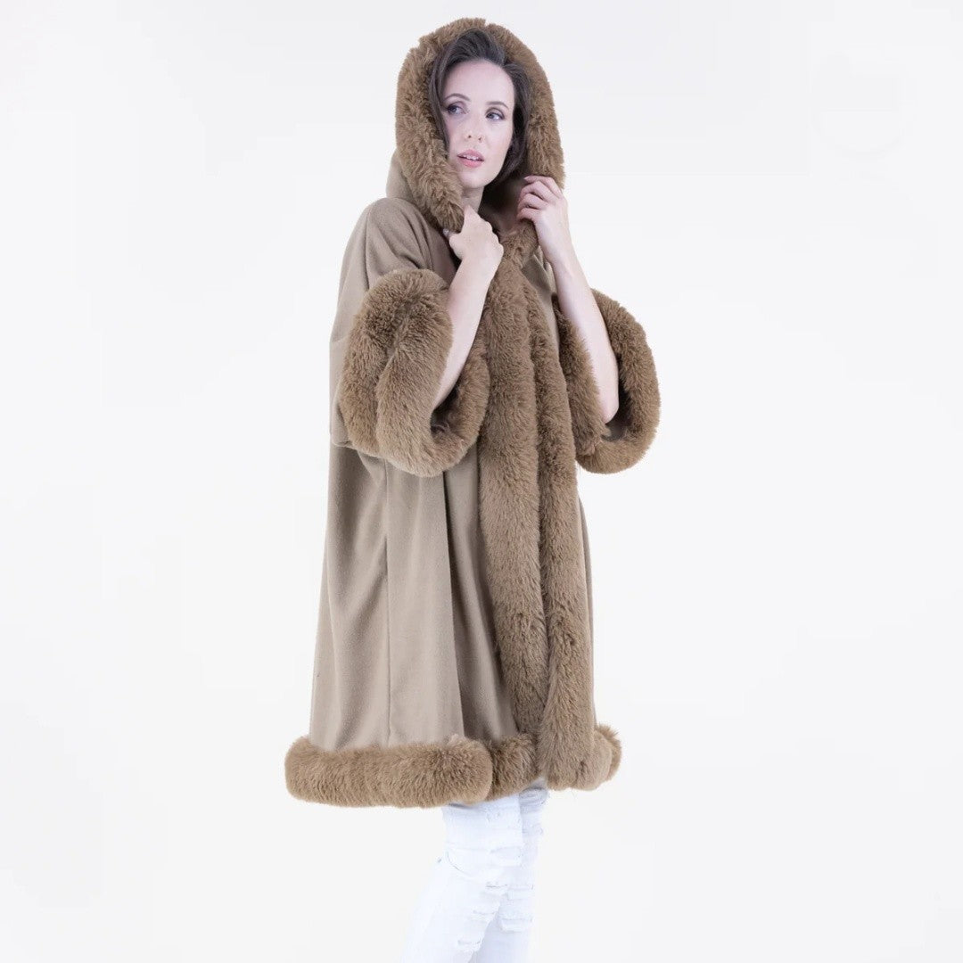 Faux Fur Hooded Coat Camel