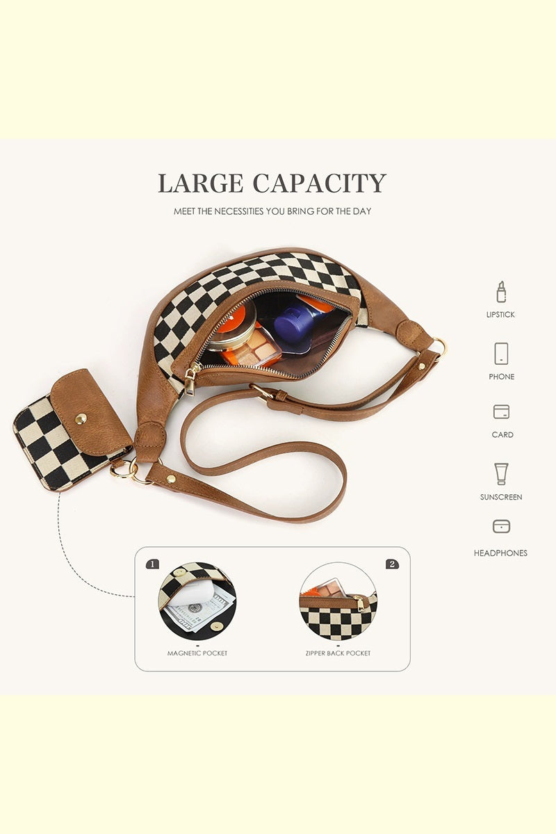 Checkered Crossbody & Wallet Camel/Creme