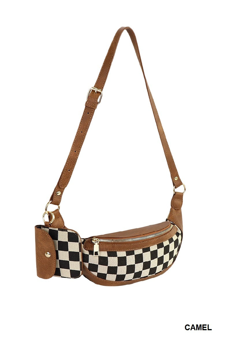 Checkered Crossbody & Wallet Camel/Creme