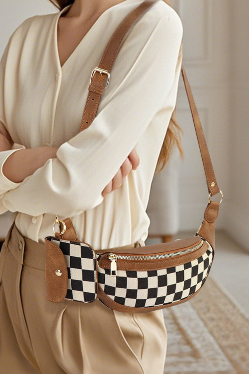 Checkered Crossbody & Wallet Camel/Creme