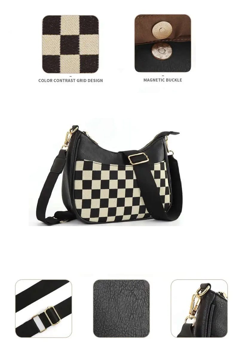 House of Trendz Accessories Checkered Crescent Messenger Bag (Black)