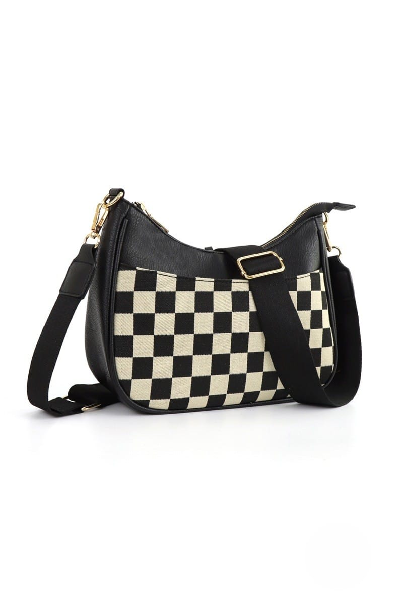 House of Trendz Accessories Checkered Crescent Messenger Bag (Black)
