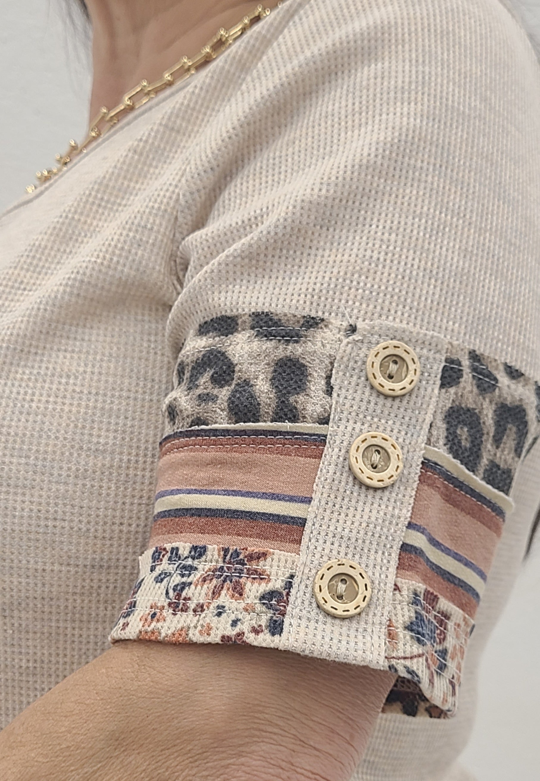 Textured Knit Mixed Print Sleeve Top - clothing