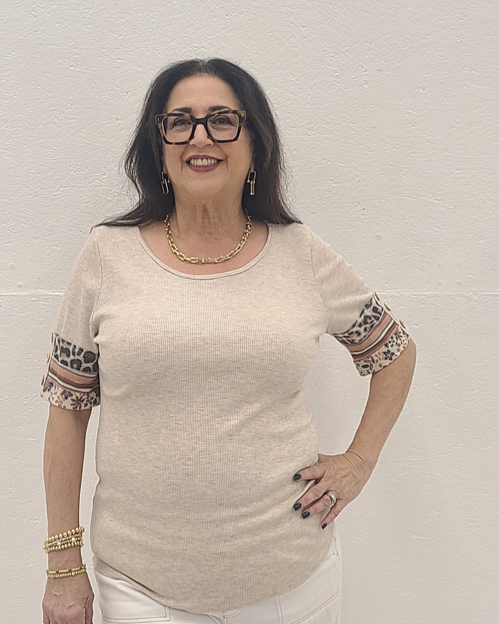 Textured Knit Mixed Print Sleeve Top