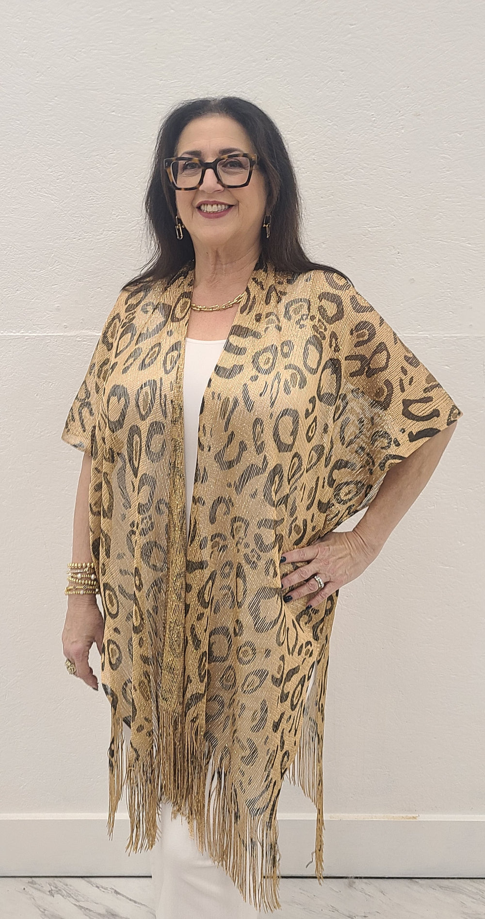 Leopard Shimmer Kimono with Fringe