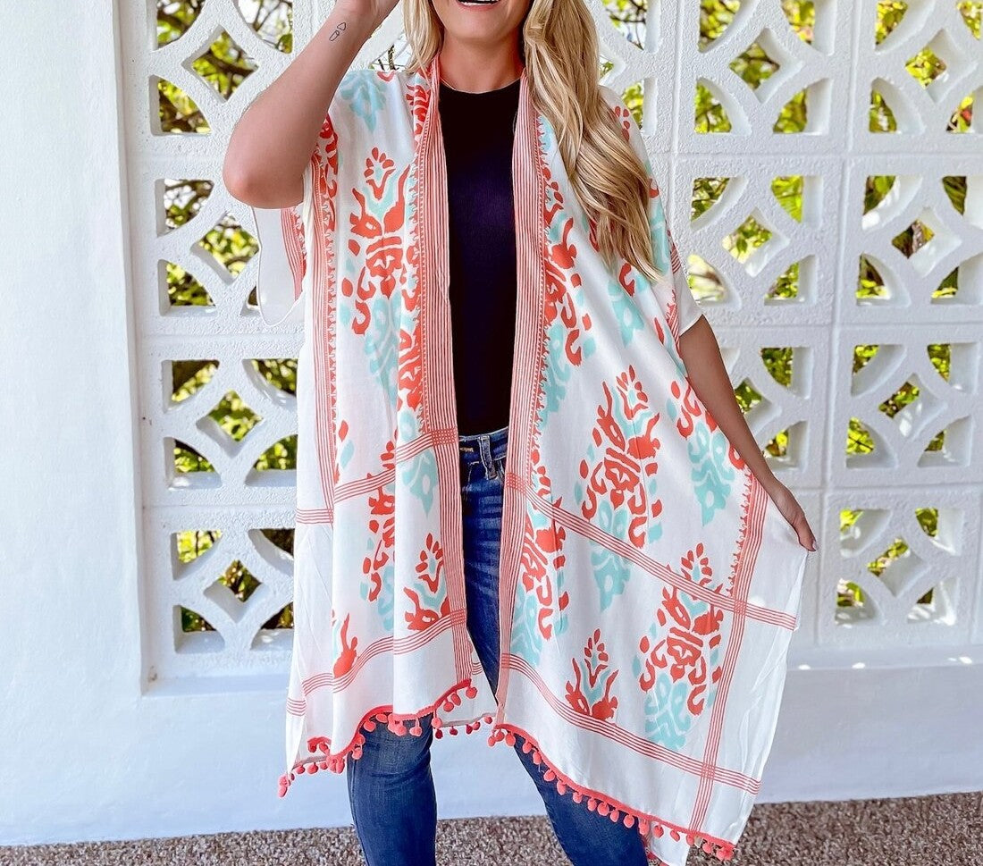 Coral & Aqua Pom Pom Kimonno - clothing