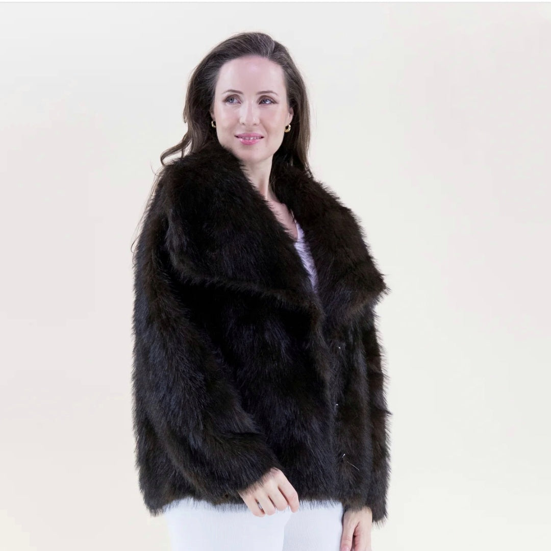 Faux Fur Wide Lapel Jacket Chocolate Brown