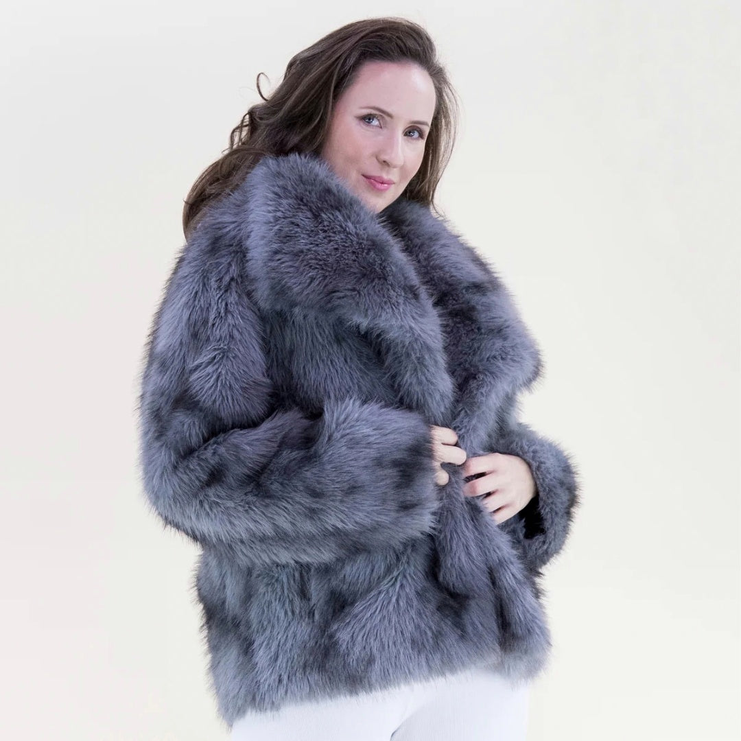 Faux Fur Wide Lapel Jacket Grey Lynx