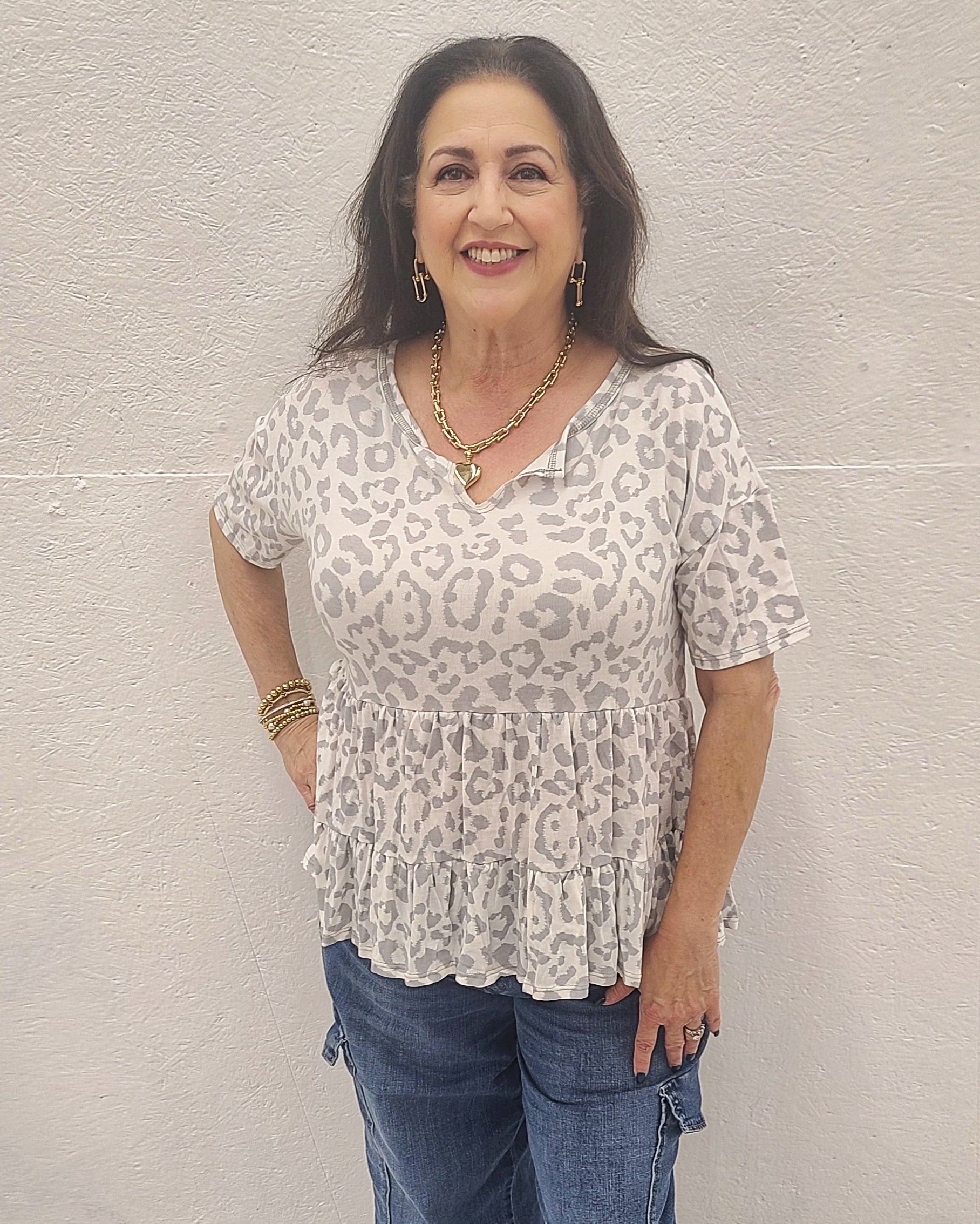 Grey Leopard Loose Fit Baby Doll Top - clothing