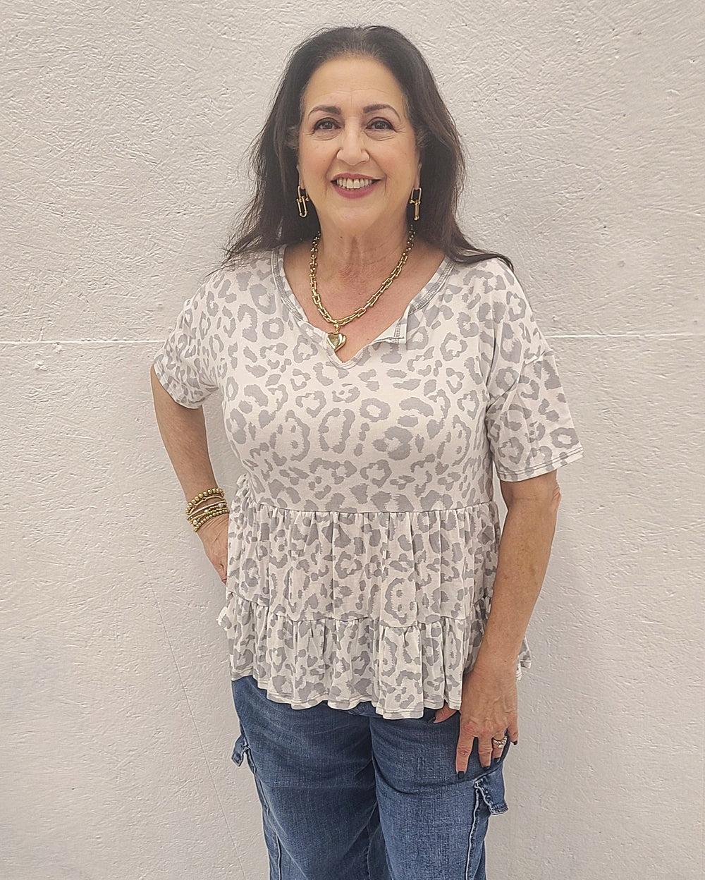 Grey Leopard Loose Fit Baby Doll Top
