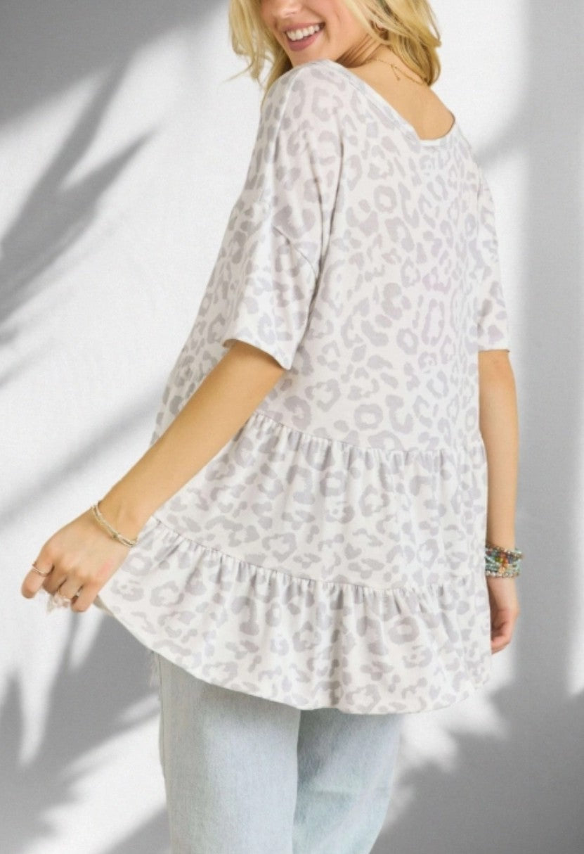 Grey Leopard Loose Fit Baby Doll Top - clothing