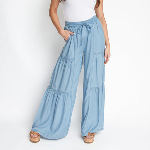 Chambray Tiered Wide Leg Pants (Cool Blue)