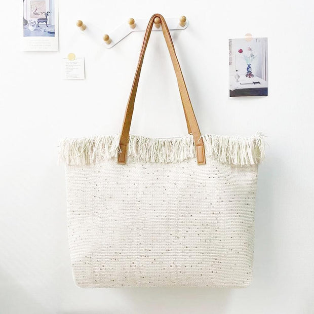 Tote Bag White Metallic Fringe