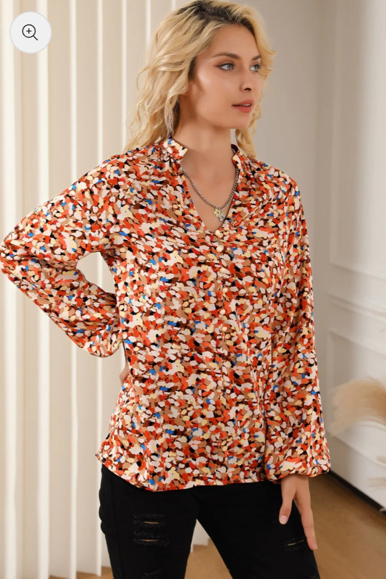 Button Detail Print V Neck Blouse
