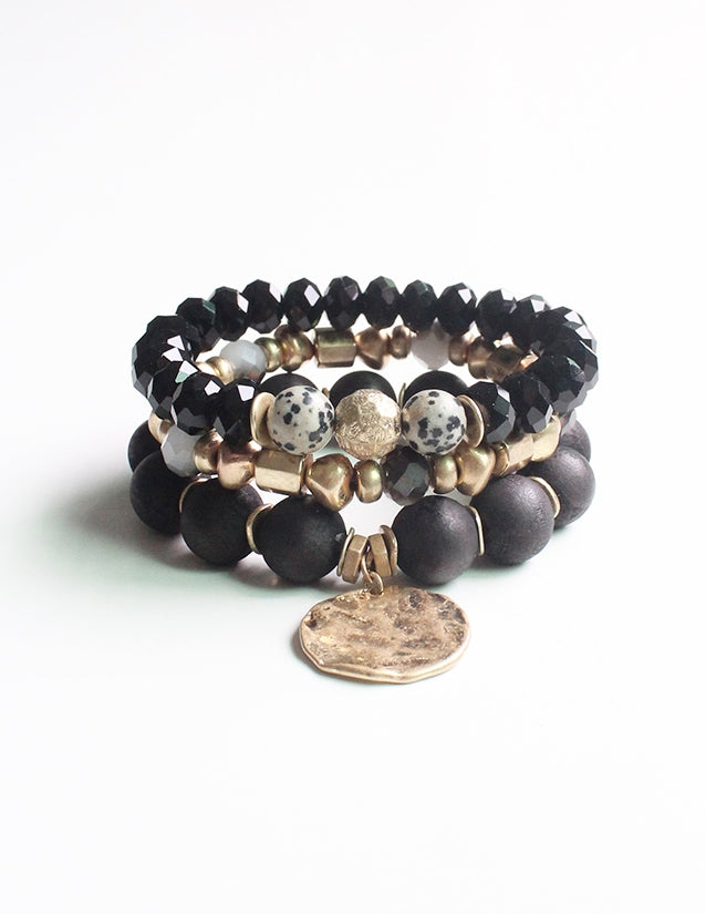 Boho Wooden Stretch Bracelet Set Black