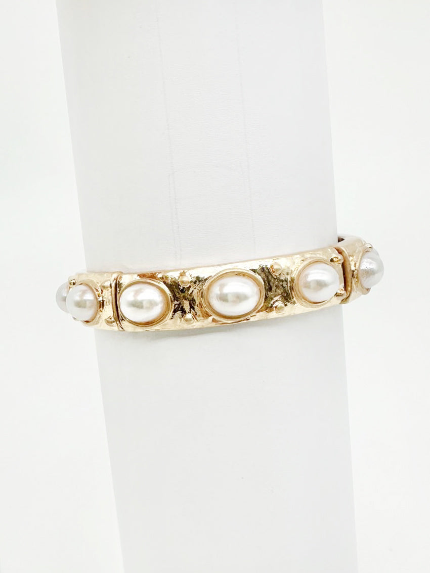 Faux Pearl Hammered Stretch Bangle Bracelet