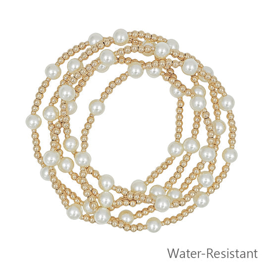 Water Resistant Pearl & Gold Bead Bracelet Set - jewelry