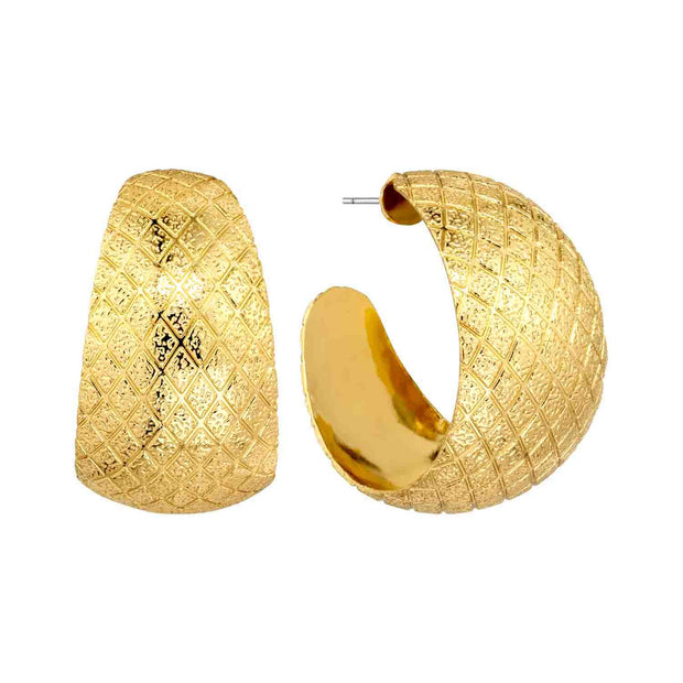 Textured Diamond Cut  1" Open Hoop Earring Gold