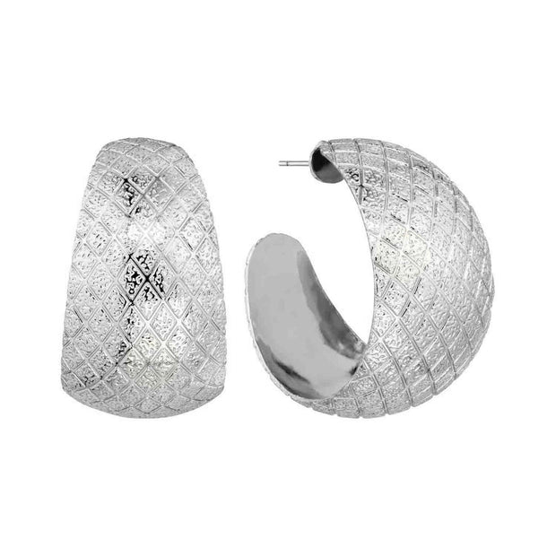 Textured Diamond Cut  1" Open Hoop Earring Silver