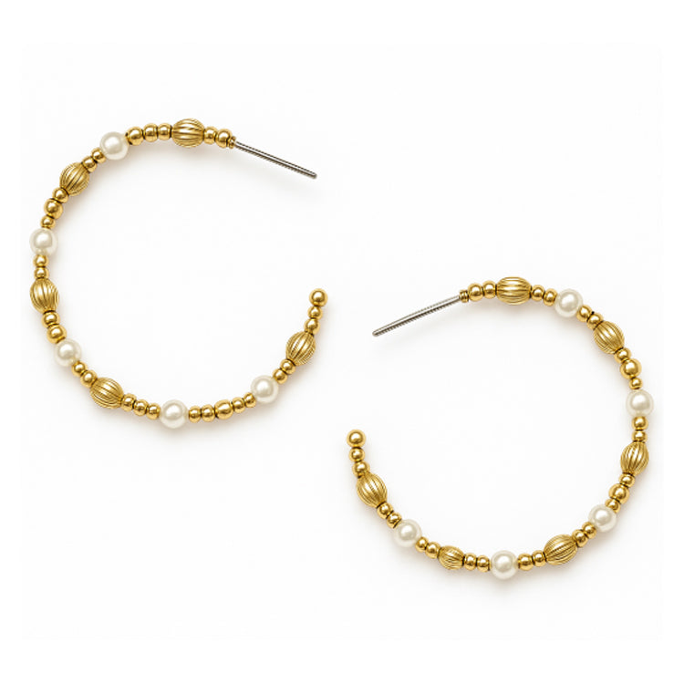 Pearl & Gold Bead Hoop Earring
