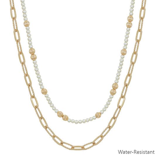 Double Layer Pearl & Chain Necklace