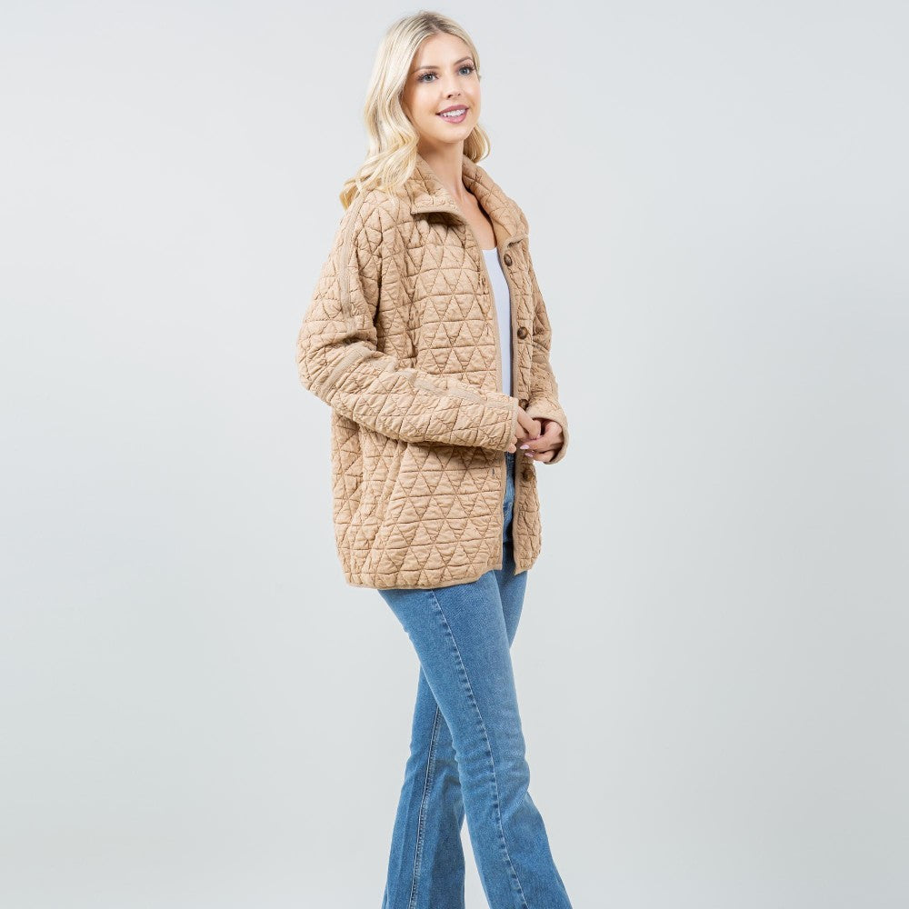 Quilted Shacket with Side Pockets Light Khaki