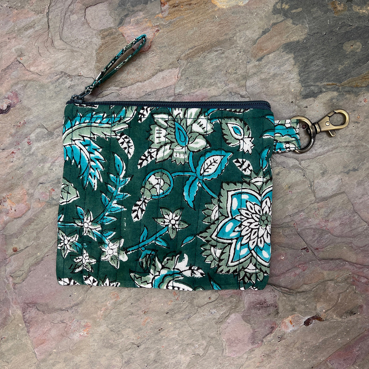 Quilted Trendy Tote Bag w/Travel Pouch Teal Florals