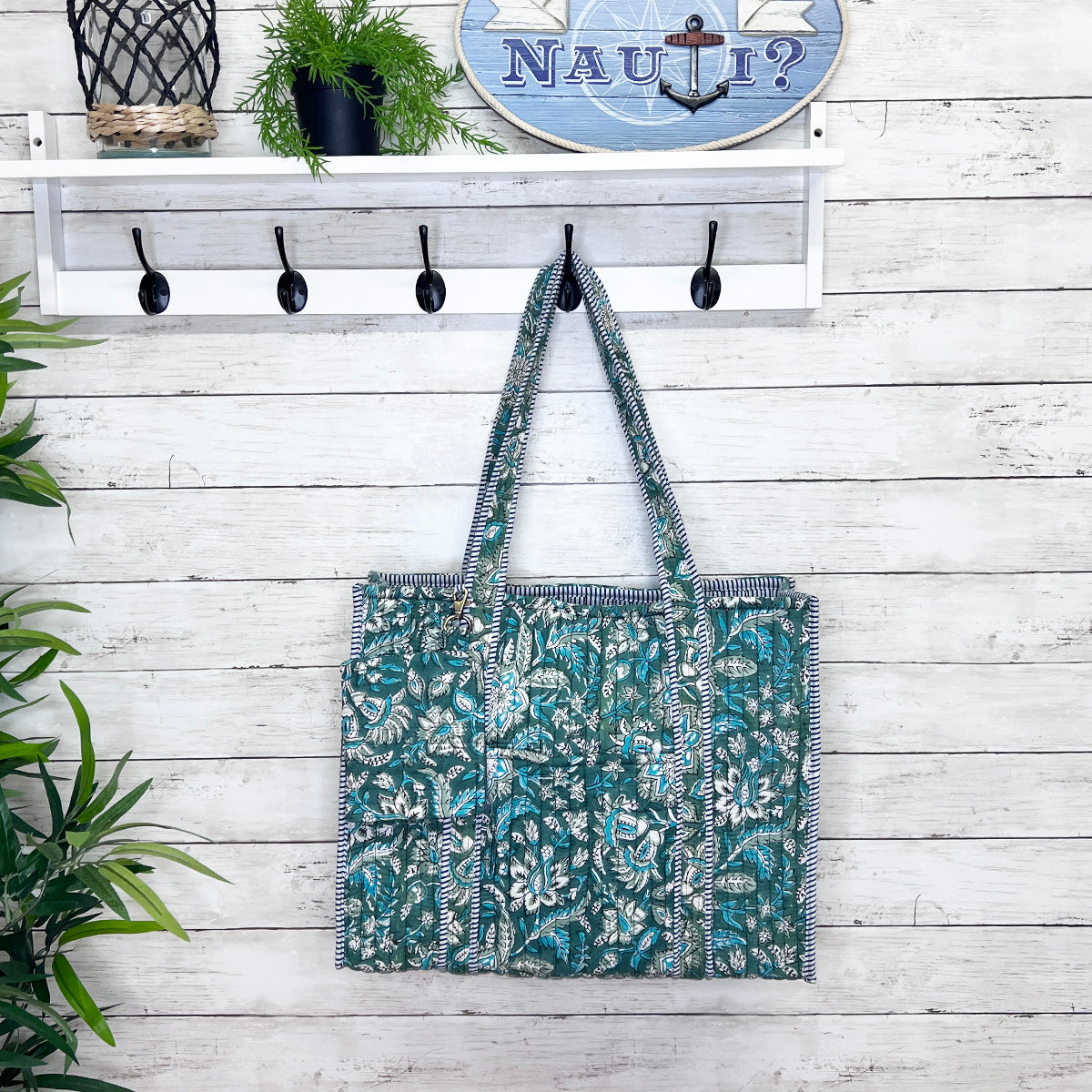 Quilted Trendy Tote Bag w/Travel Pouch Teal Florals