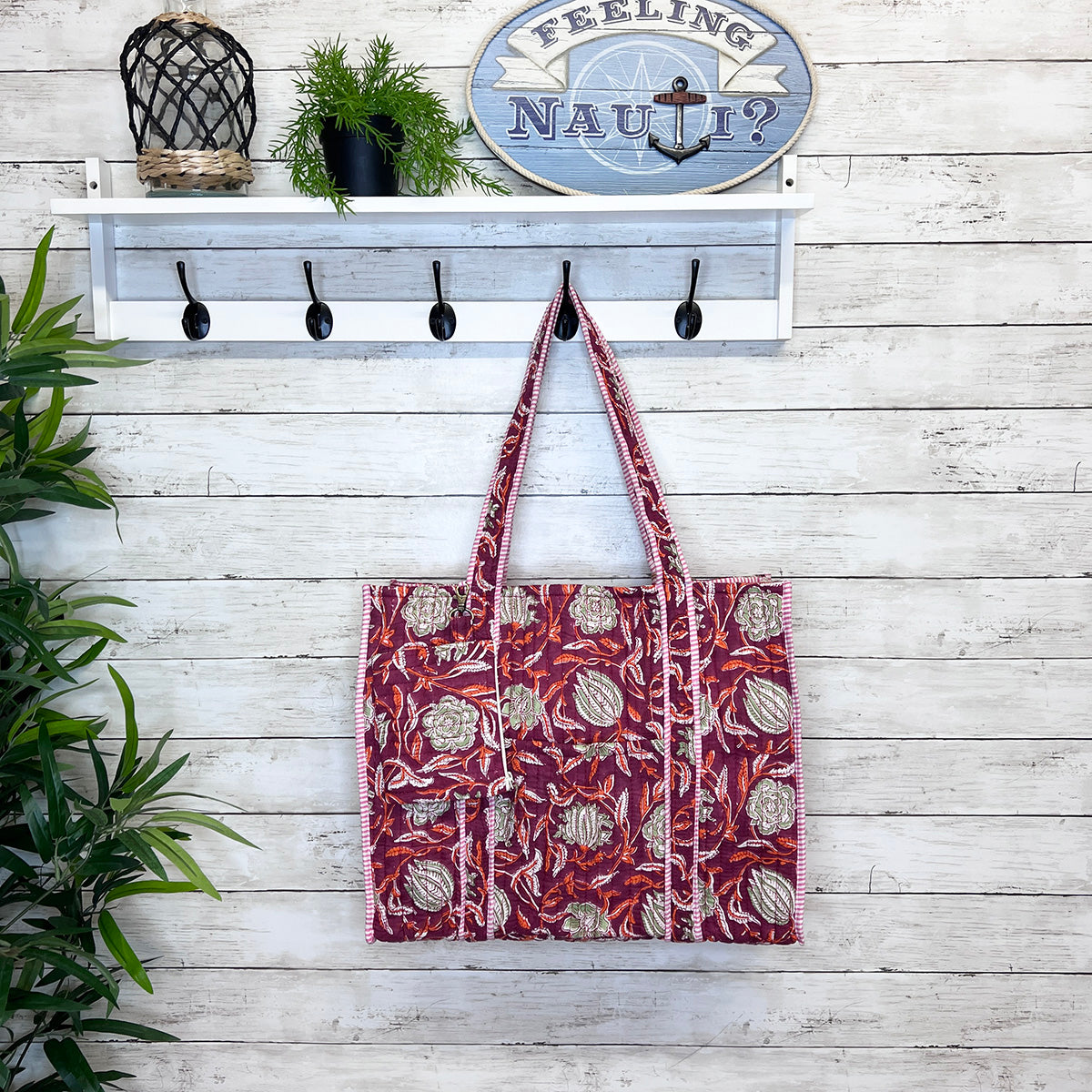 Quilted Trendy Tote Bag w/Travel Pouch Plum Blossoms - Handbag