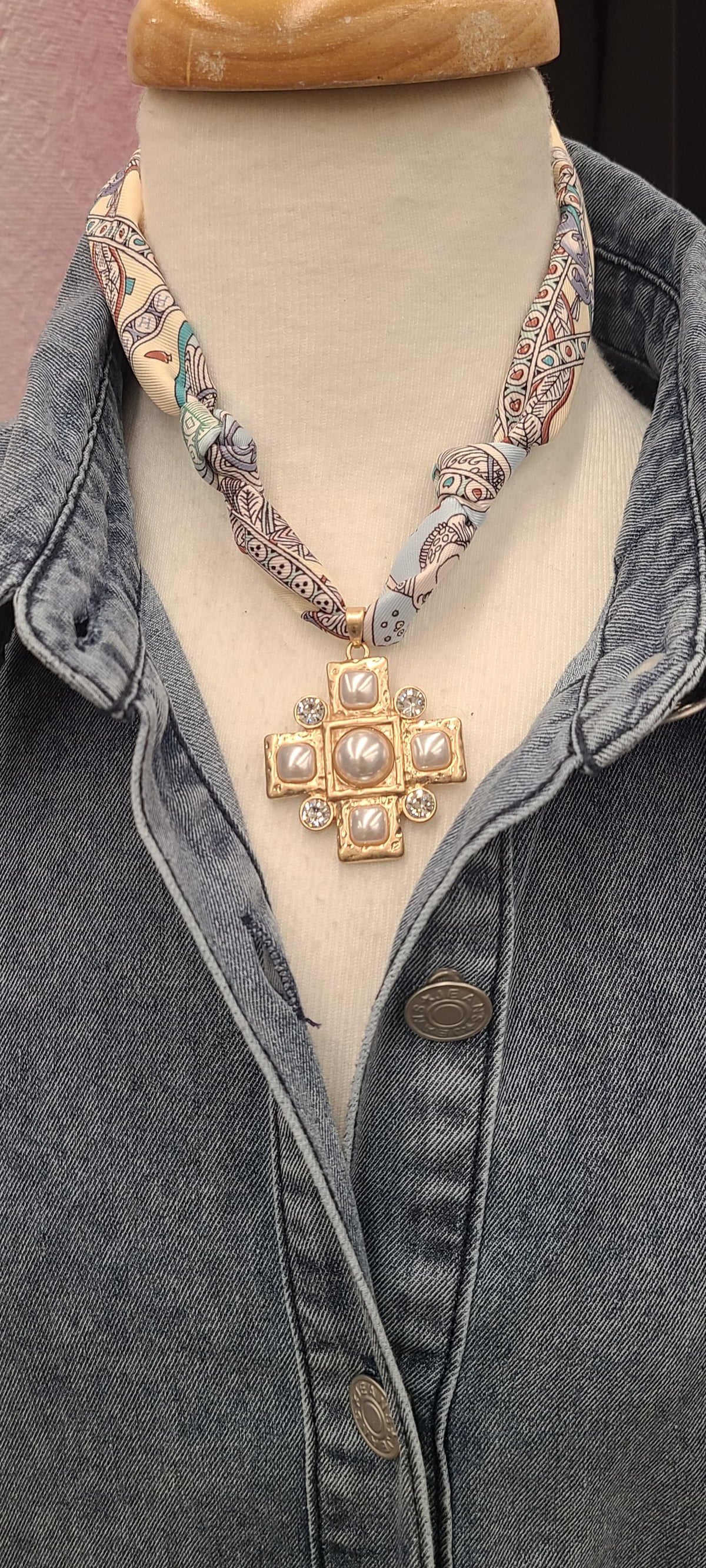 Scarf Necklace w/Large Pearl Cross Charm
