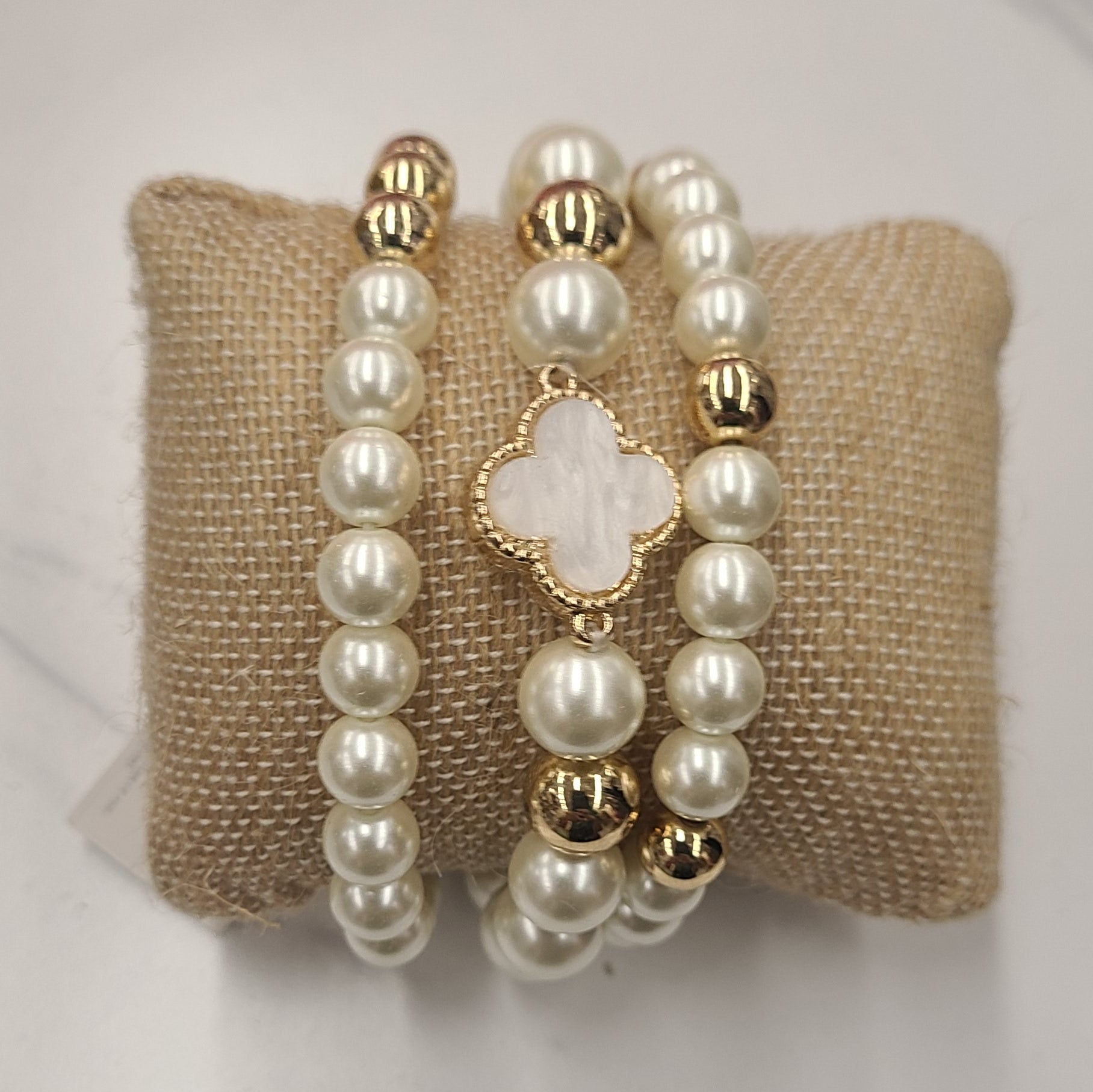 Set of 3 Mother of Pearl Clover & Faux Pearl stretch Bracelets - jewelry