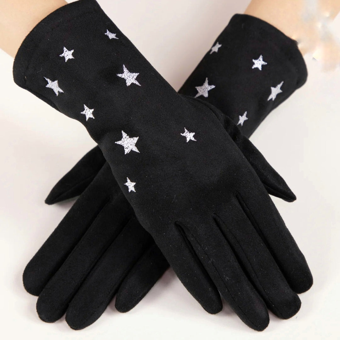 Luxe Suede Embroidered Stars Gloves Black