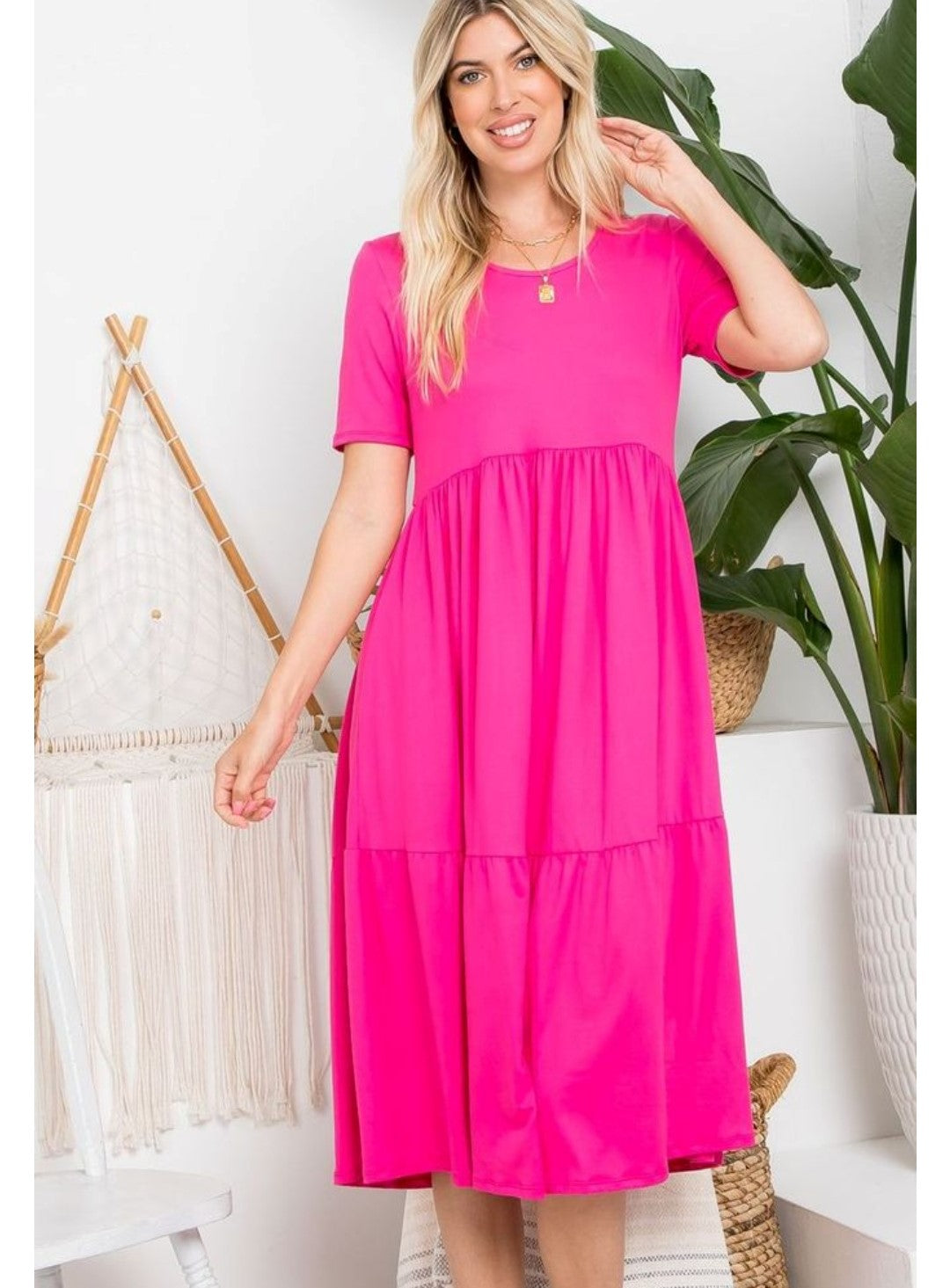 Basic Flounce Dress (Fuschia) - Small - clothing