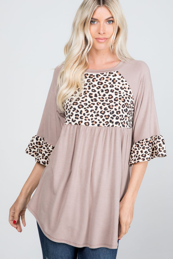 Ruffle Sleeve Leopard Baby Doll Top - Small - clothing