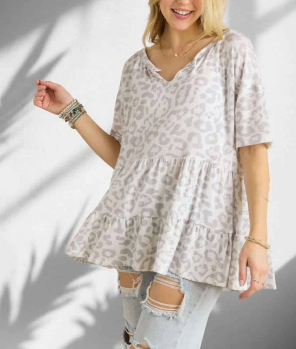 Adora clothing Grey Leopard Loose Fit Baby Doll Top