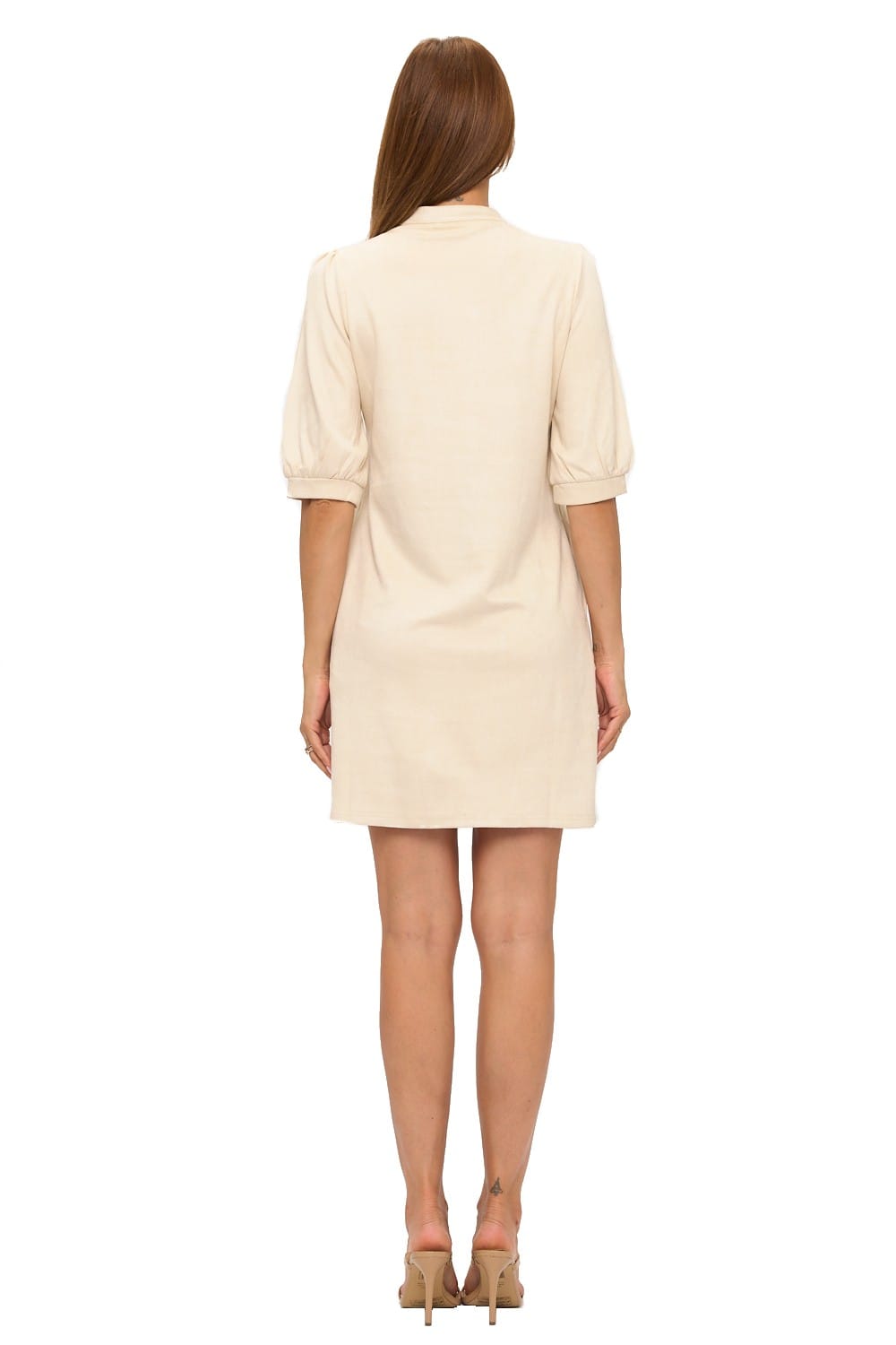 Aryeh clothing V Neck Puff Sleeve Dress Sand