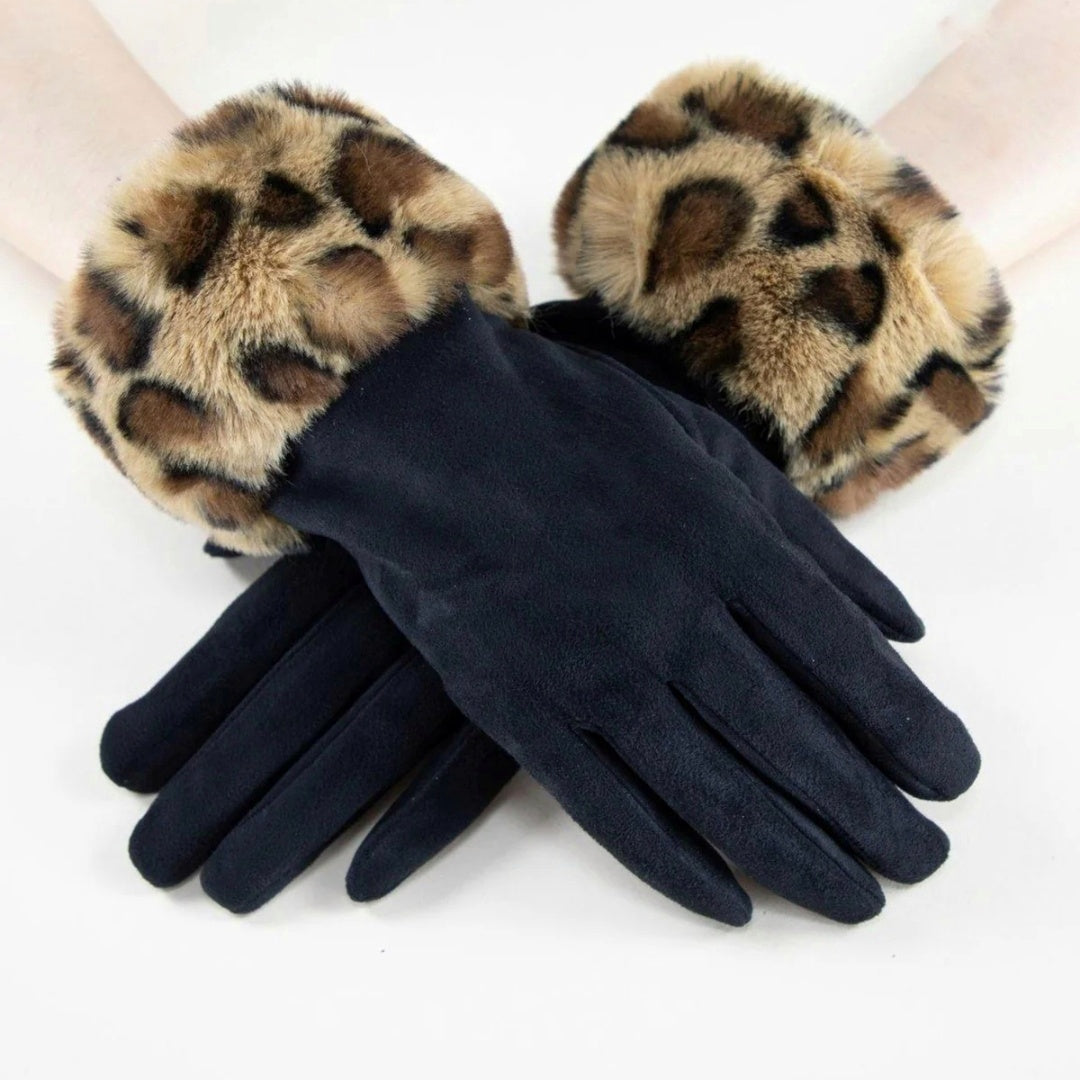 Faux Fur Trim Leopard Gloves Black