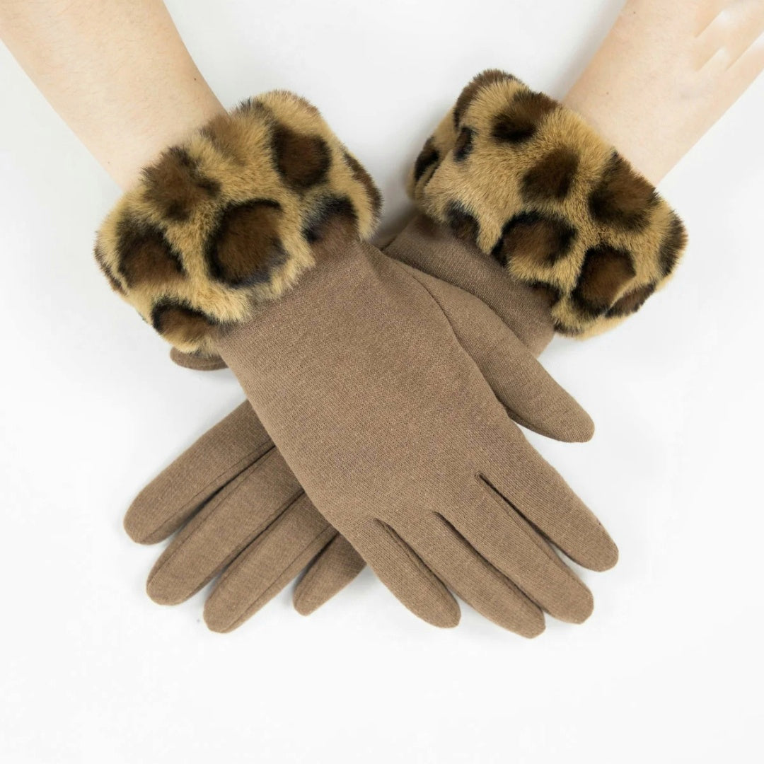 Faux Fur Trim Leopard Gloves Camel