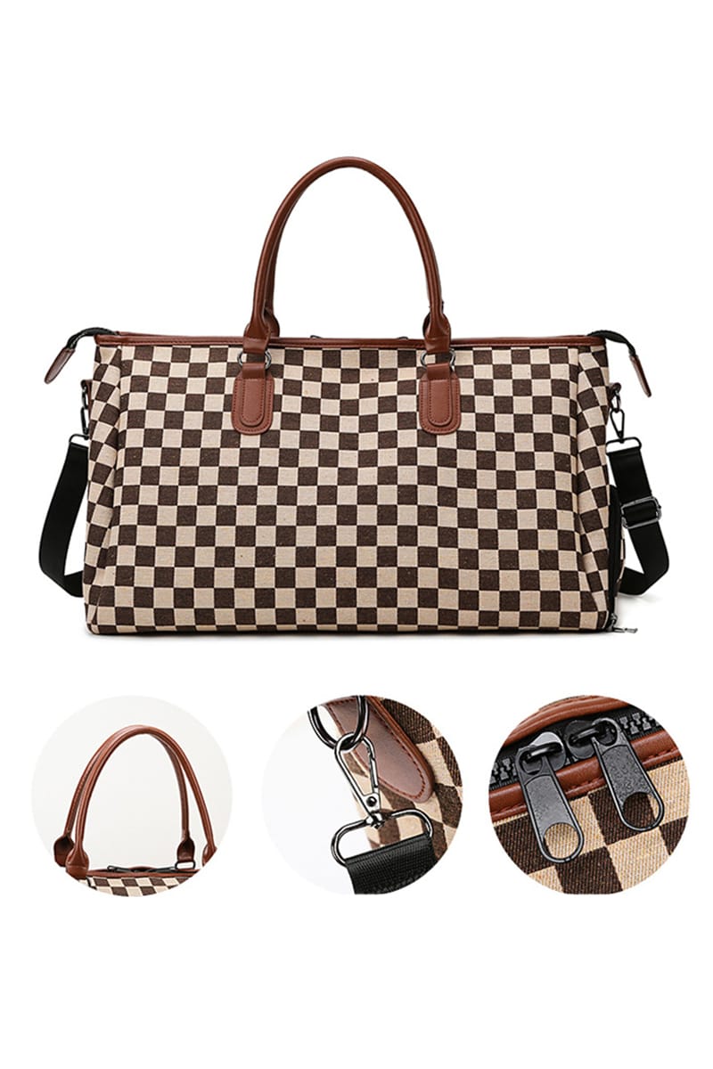 House of Trendz Accessories Checkered Canvas Weekender Camel/Creme