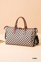 House of Trendz Accessories Checkered Canvas Weekender Camel/Creme