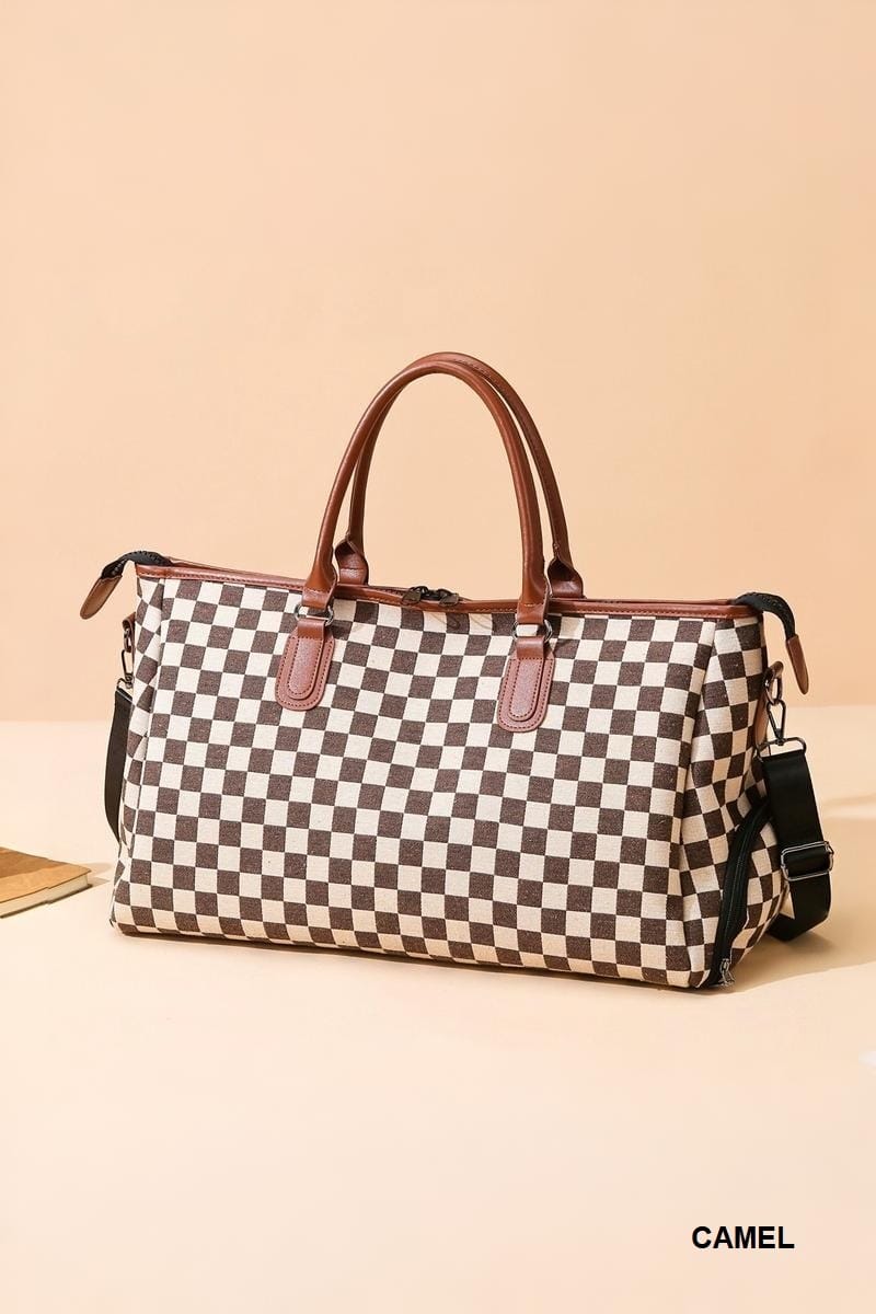 House of Trendz Accessories Checkered Canvas Weekender Camel/Creme