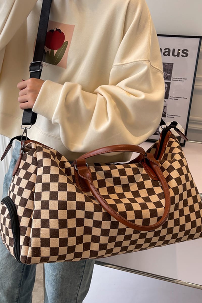 House of Trendz Accessories Checkered Canvas Weekender Camel/Creme