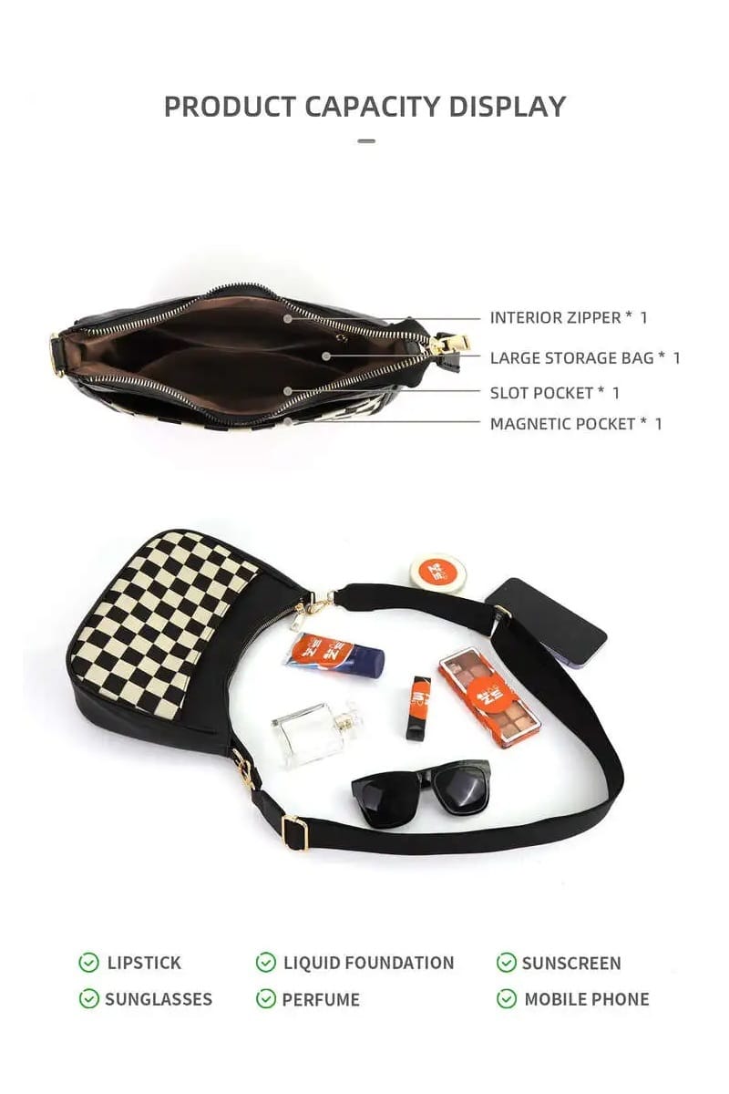 House of Trendz Accessories Checkered Crescent Messenger Bag (Black)