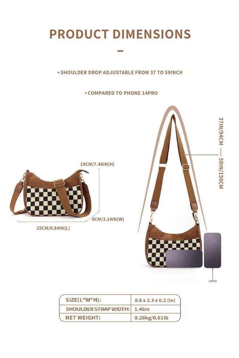 House of Trendz Accessories Checkered Crescent Messenger Bag (Camel)