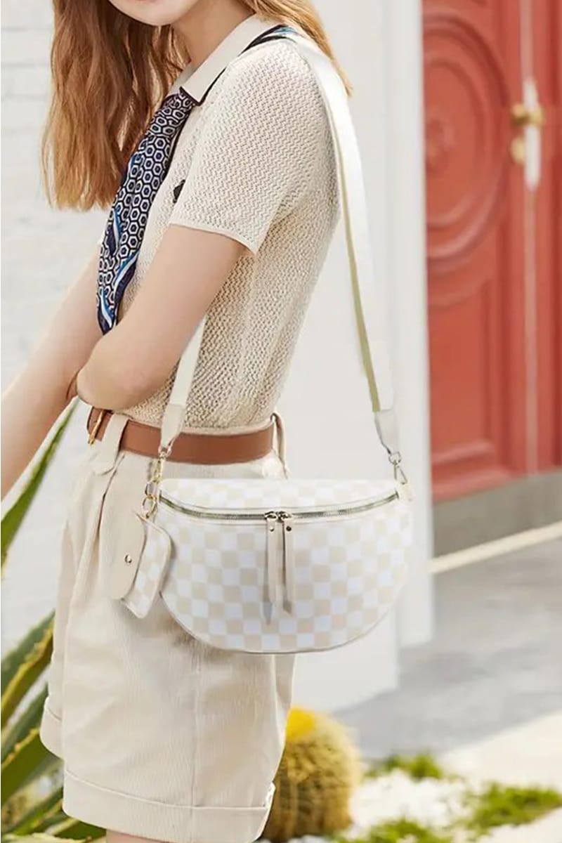 House of Trendz Accessories Checkered Duo Crossbody Bag & Wallet (Cloud White)