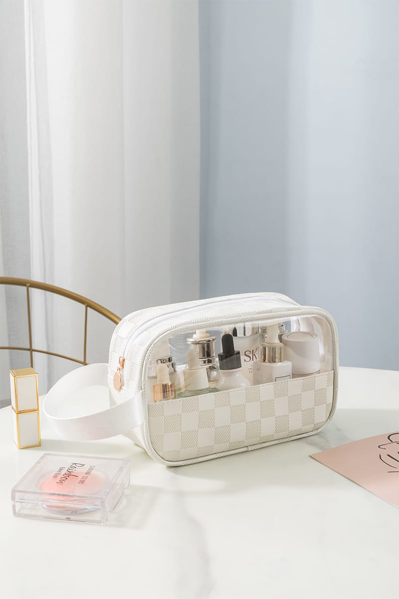 House of Trendz Accessories Checkered Monogram Toiletry Bag Ivory