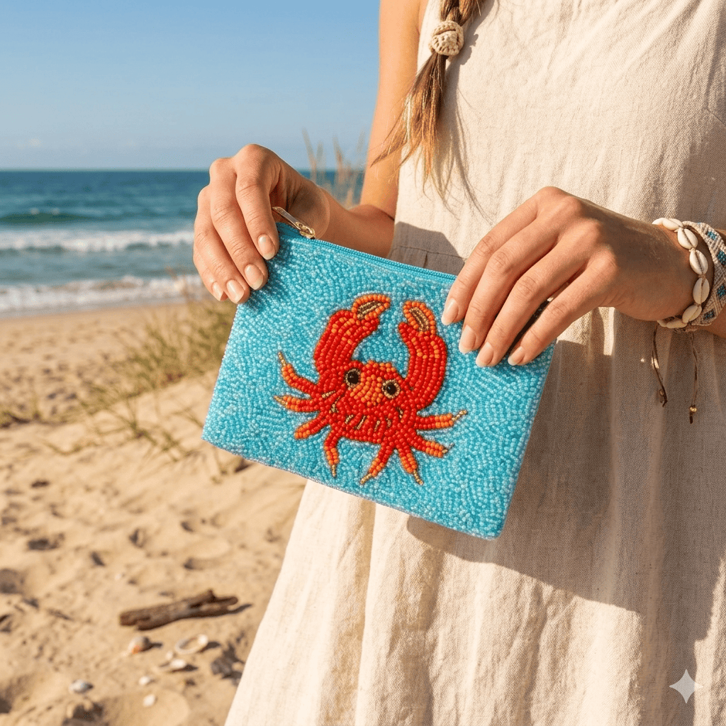 House of Trendz Accessories Seed Bead Zippered Wallet Crab Design