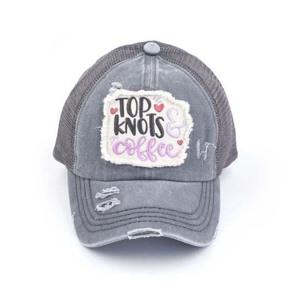 House of Trendz Accessories Top Knots & Coffee Embroidered Trucker Cap Grey