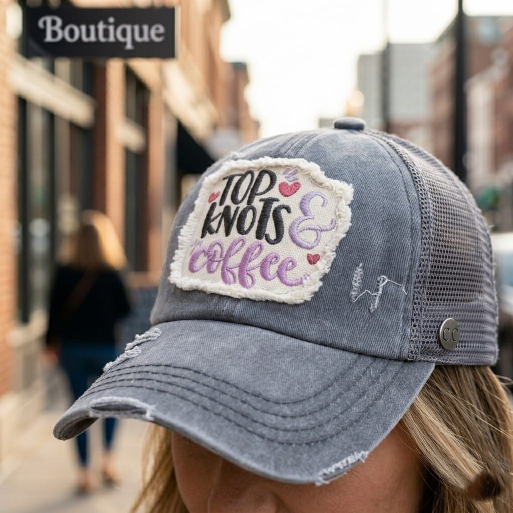 House of Trendz Accessories Top Knots & Coffee Embroidered Trucker Cap Grey